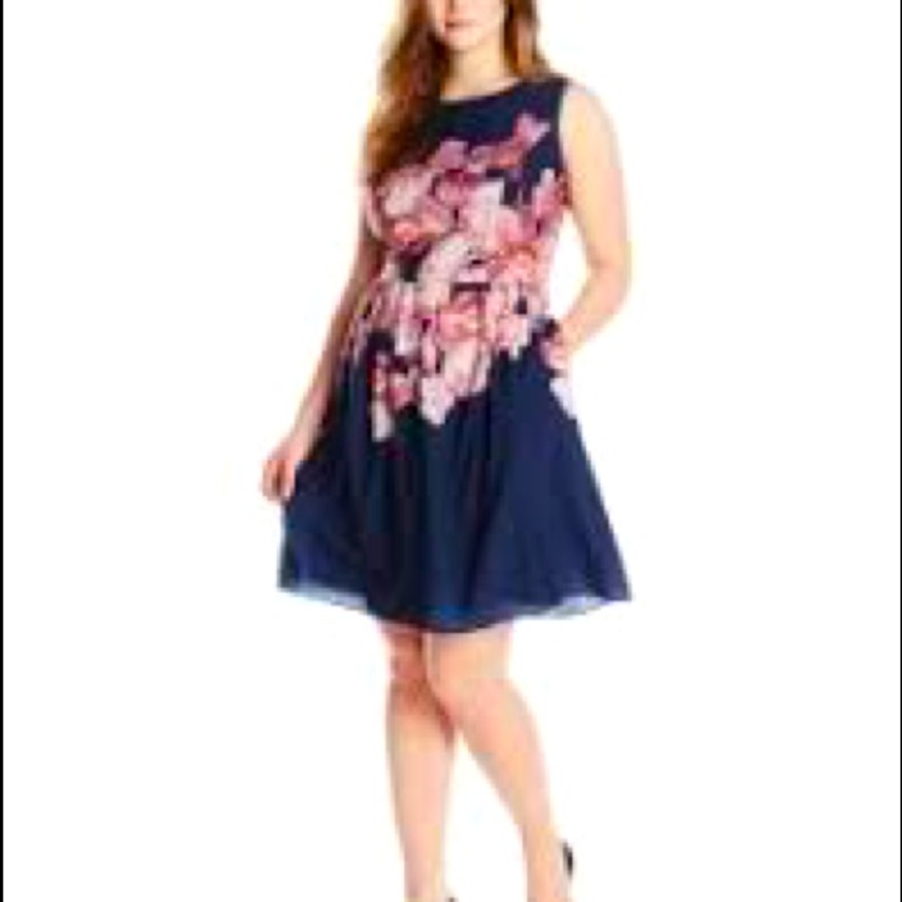 Adrianna Papell Women’s navy blue dress with floral print overlay plus size